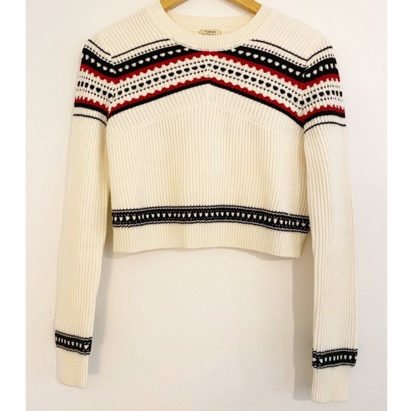 Torn by Ronny Kobo Crew Neck Cream Crop Sweater with Red and Black Design, XS - Picture 7 of 7